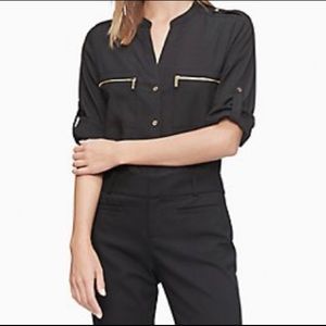 CK Mandarin Collar Exposed Zip  Roll-Up Sleeve Top